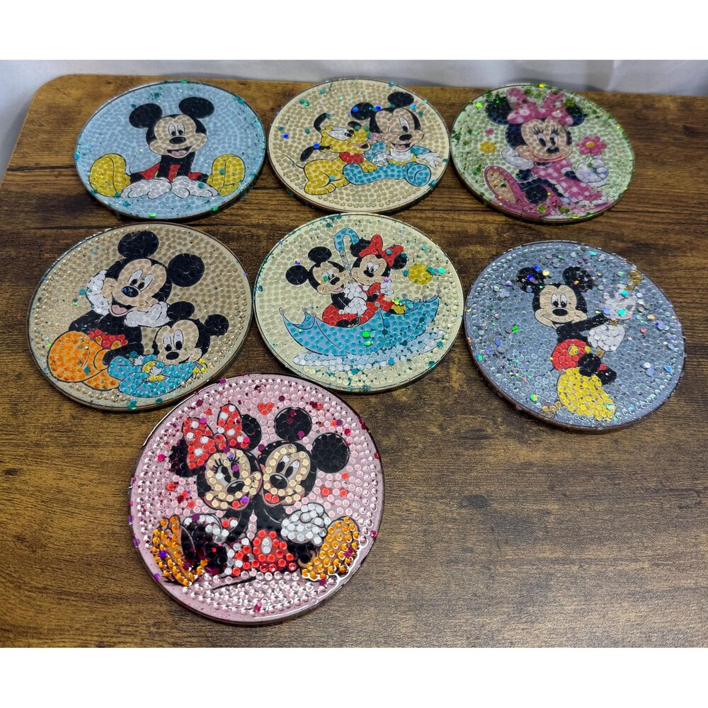 Set Of 7 Mickey & Minnie Diamond Art Coasters In Resin With Holder
